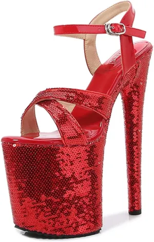 WOilERQ Women's 20cm Platform Sandals Sexy lace Sequin High Heels Peep Toe Ankle Buckle Nightclub Party Dress Stiletto Super Shoes Catwalk Pole Dancing Sandals Pumps
