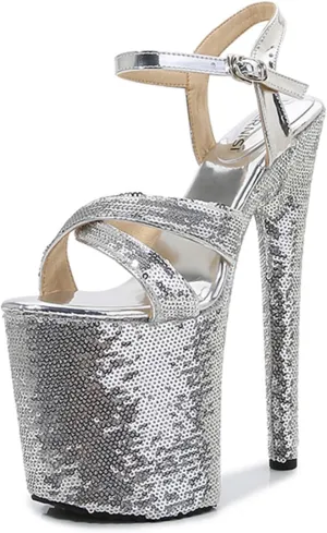 WOilERQ Women's 20cm Platform Sandals Sexy lace Sequin High Heels Peep Toe Ankle Buckle Nightclub Party Dress Stiletto Super Shoes Catwalk Pole Dancing Sandals Pumps