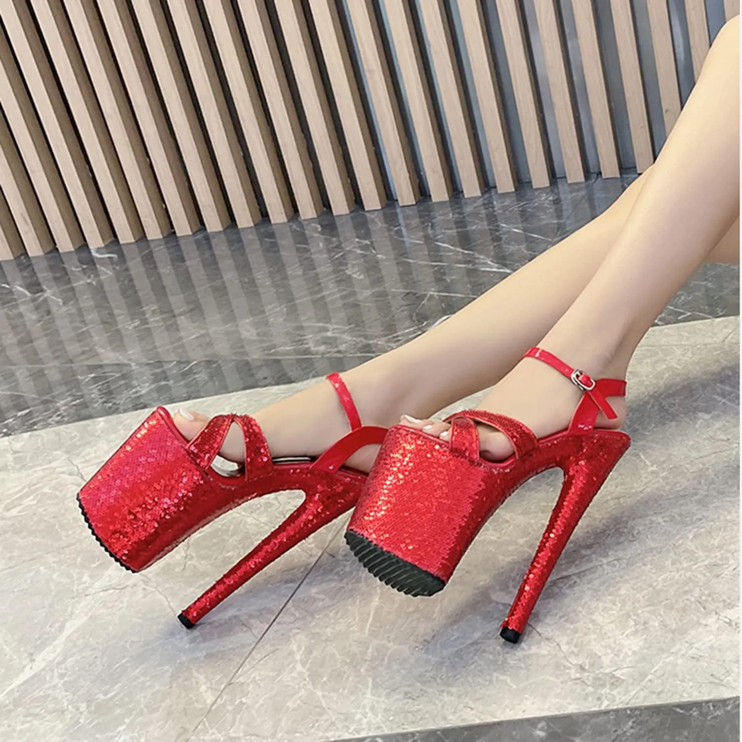 WOilERQ Women's 20cm Platform Sandals Sexy lace Sequin High Heels Peep Toe Ankle Buckle Nightclub Party Dress Stiletto Super Shoes Catwalk Pole Dancing Sandals Pumps