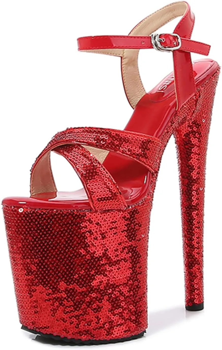 WOilERQ Women's 20cm Platform Sandals Sexy lace Sequin High Heels Peep Toe Ankle Buckle Nightclub Party Dress Stiletto Super Shoes Catwalk Pole Dancing Sandals Pumps