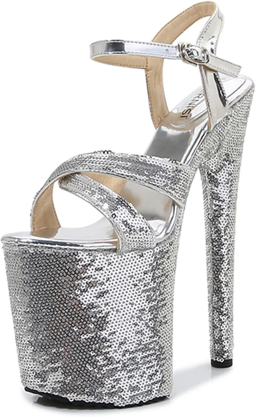 WOilERQ Women's 20cm Platform Sandals Sexy lace Sequin High Heels Peep Toe Ankle Buckle Nightclub Party Dress Stiletto Super Shoes Catwalk Pole Dancing Sandals Pumps