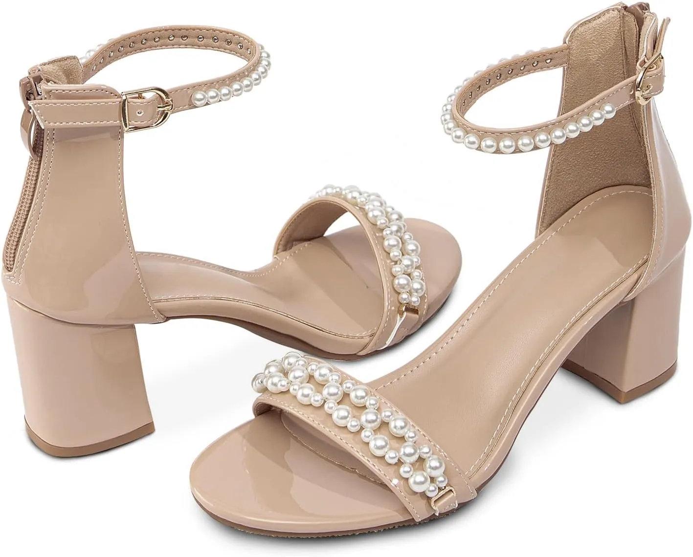 WOJWSKI Women's Heels Sandals for Women Open Toe Fashion Pearls Platform Heeled Sandals Ankle Strap Block Chunky Low Heel Pump Sandal Party Wedding Dress Shoe