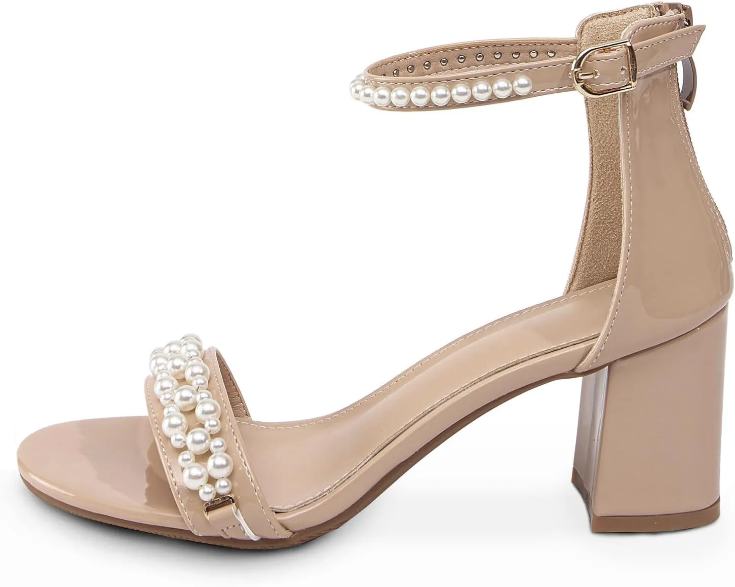WOJWSKI Women's Heels Sandals for Women Open Toe Fashion Pearls Platform Heeled Sandals Ankle Strap Block Chunky Low Heel Pump Sandal Party Wedding Dress Shoe