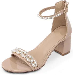 WOJWSKI Women's Heels Sandals for Women Open Toe Fashion Pearls Platform Heeled Sandals Ankle Strap Block Chunky Low Heel Pump Sandal Party Wedding Dress Shoe