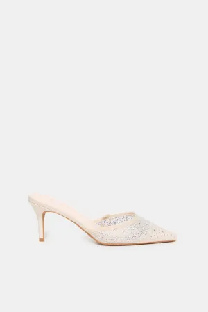 Women Beige Mesh Mule With Rhinestones