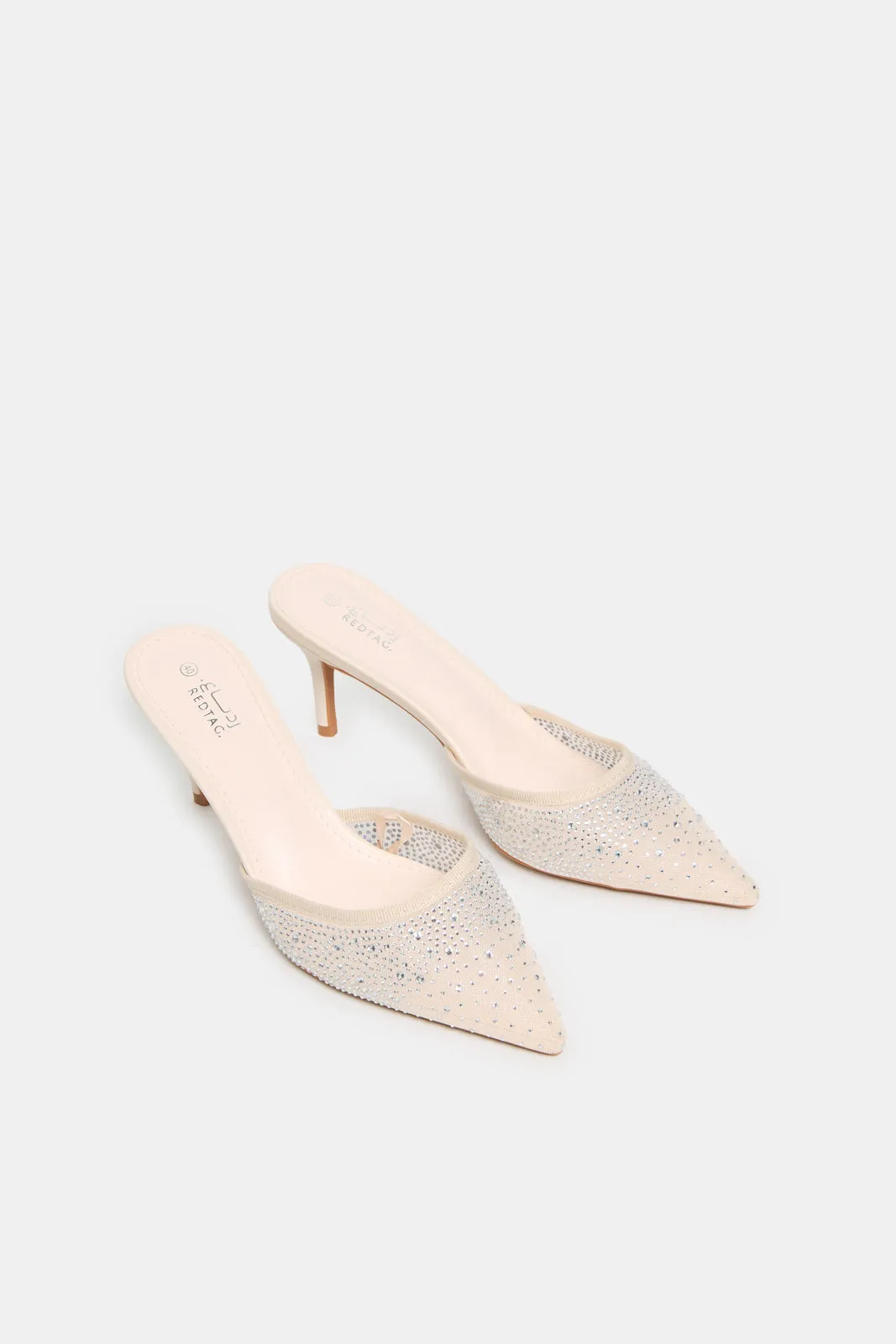 Women Beige Mesh Mule With Rhinestones