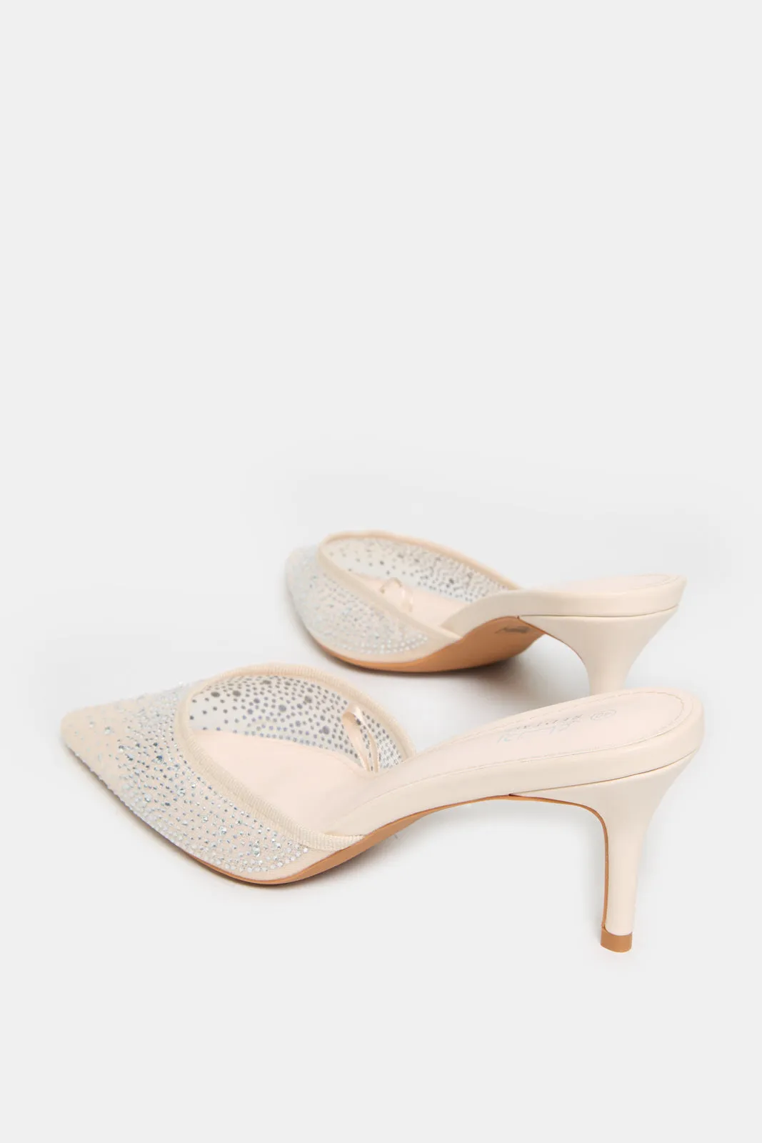 Women Beige Mesh Mule With Rhinestones