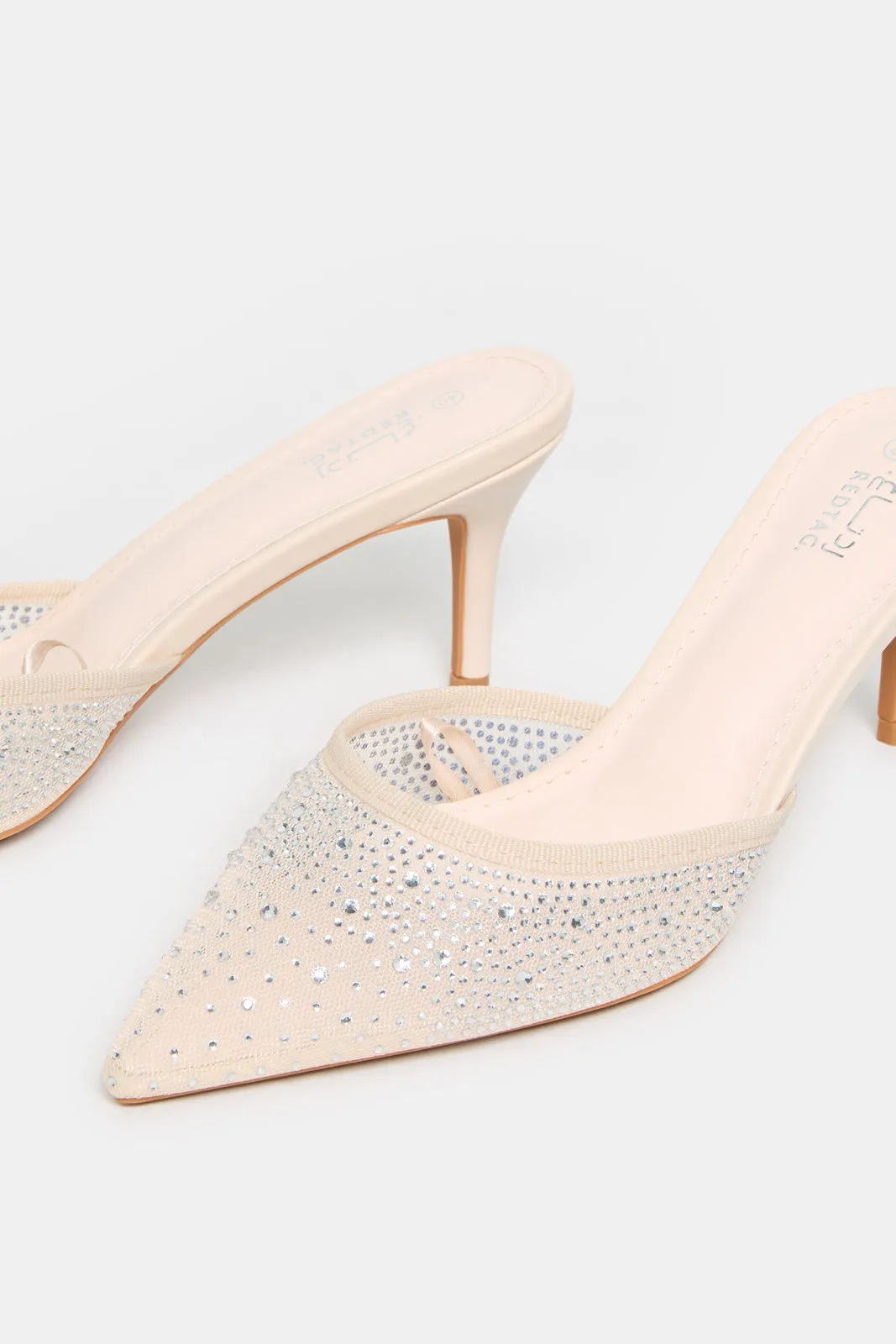 Women Beige Mesh Mule With Rhinestones