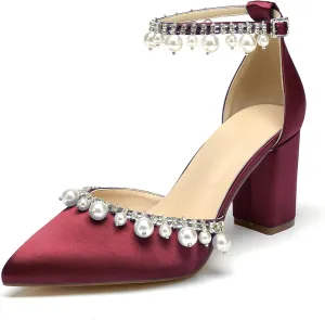 Women Closed Pointed Toe Wedding Heel Block Chunky Satin Pumps for Bride Pearls Prom Evening Dress Dance Shoes