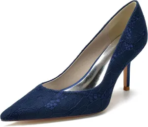 Women Closed Toe Heel Pumps Slip on Lace Satin Wedding Bridal Shoes Court Shoes Pointed Heel Wedding Sandals