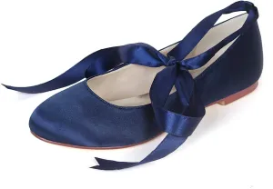 Women Flat Bridal Shoes Satin Ribbon Ballet Pumps Lace Up Closed Toe Wedding Prom Shoes