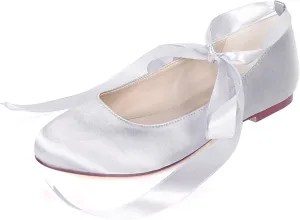 Women Flat Bridal Shoes Satin Ribbon Ballet Pumps Lace Up Closed Toe Wedding Prom Shoes