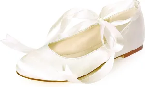 Women Flat Bridal Shoes Satin Ribbon Ballet Pumps Lace Up Closed Toe Wedding Prom Shoes