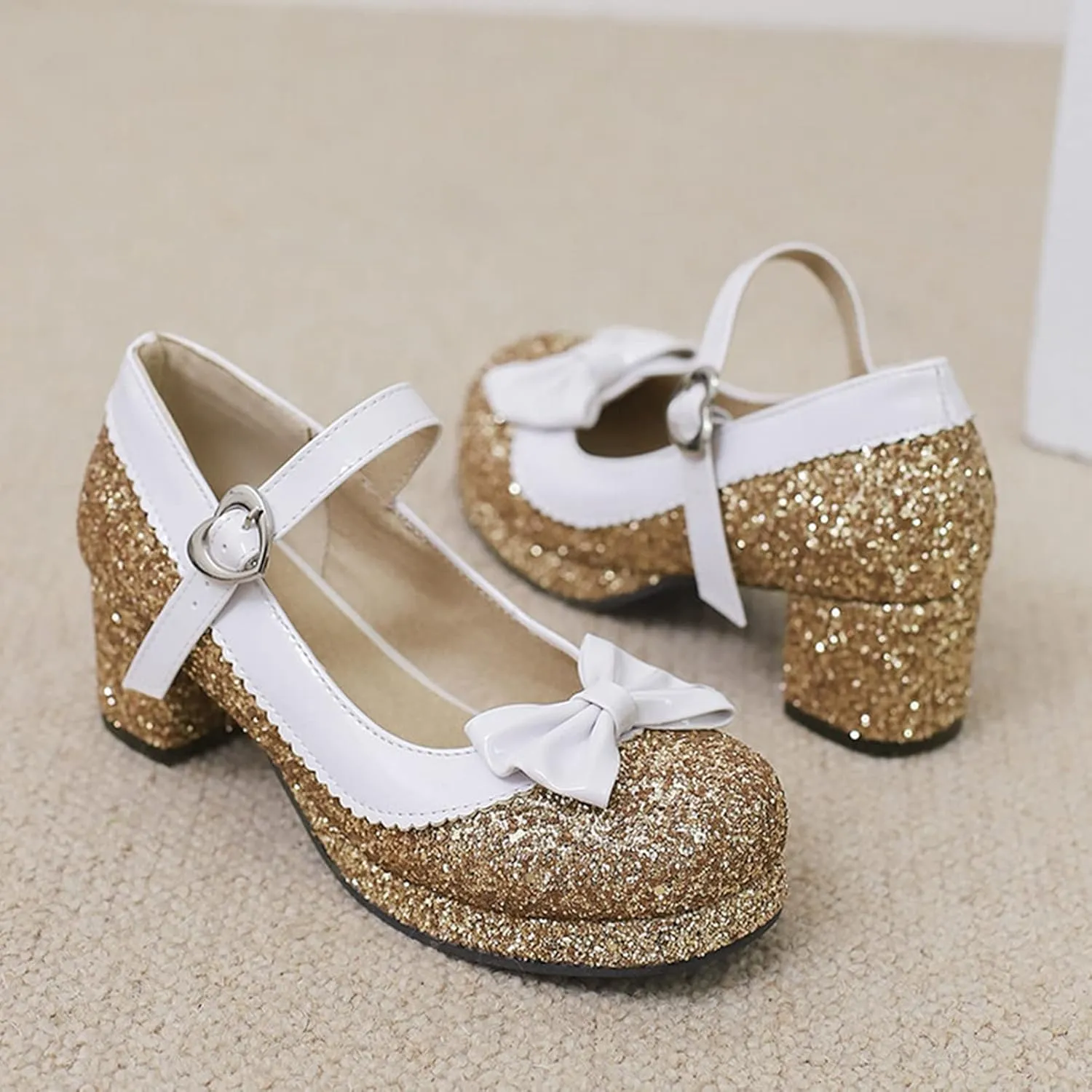 Women Glitter Sequin Mary Jane Platform Pumps Two Tone Bow Comfort Mid Block Heel Bridal Wedding Shoes