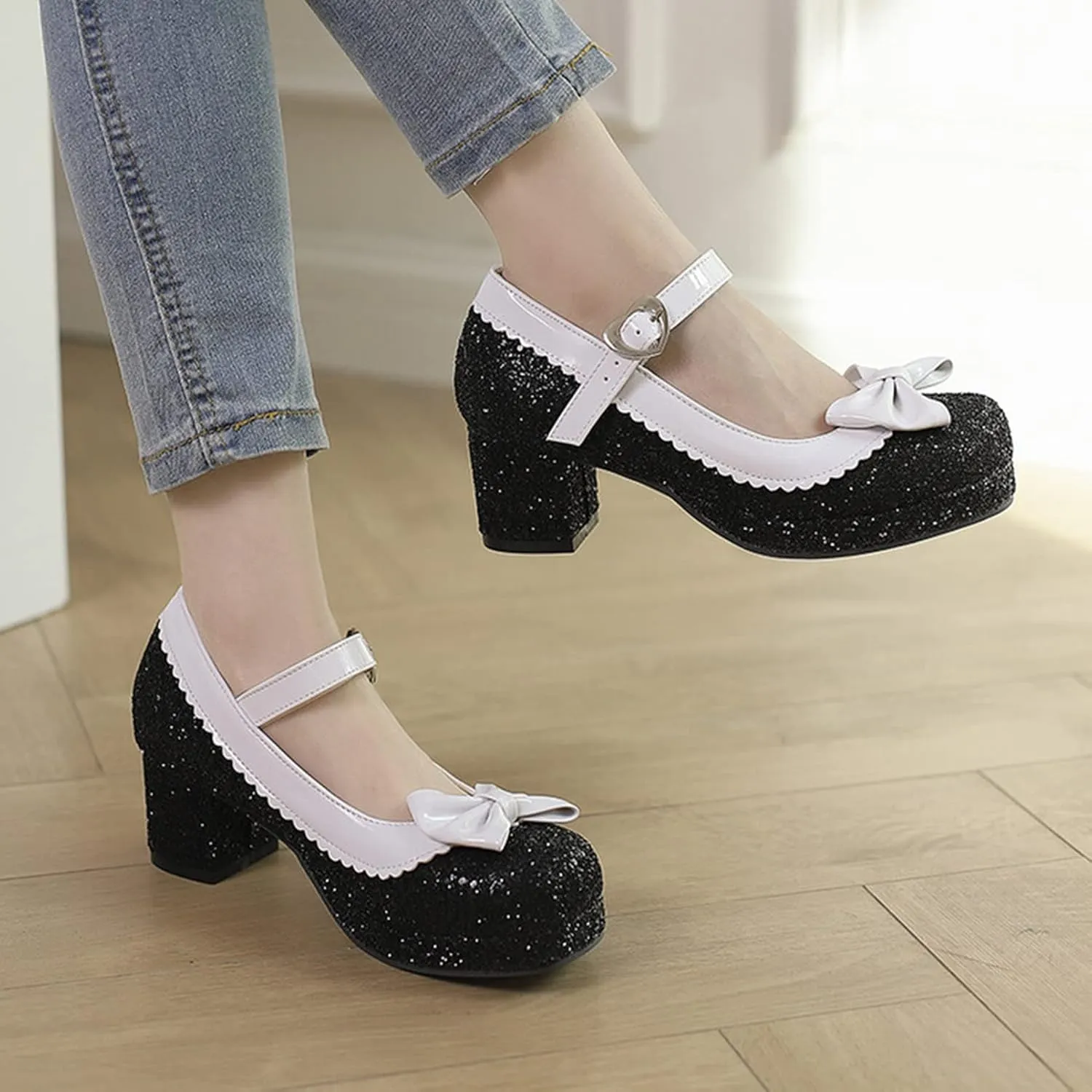 Women Glitter Sequin Mary Jane Platform Pumps Two Tone Bow Comfort Mid Block Heel Bridal Wedding Shoes