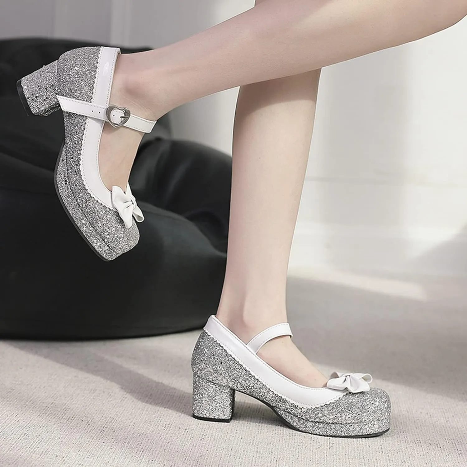 Women Glitter Sequin Mary Jane Platform Pumps Two Tone Bow Comfort Mid Block Heel Bridal Wedding Shoes