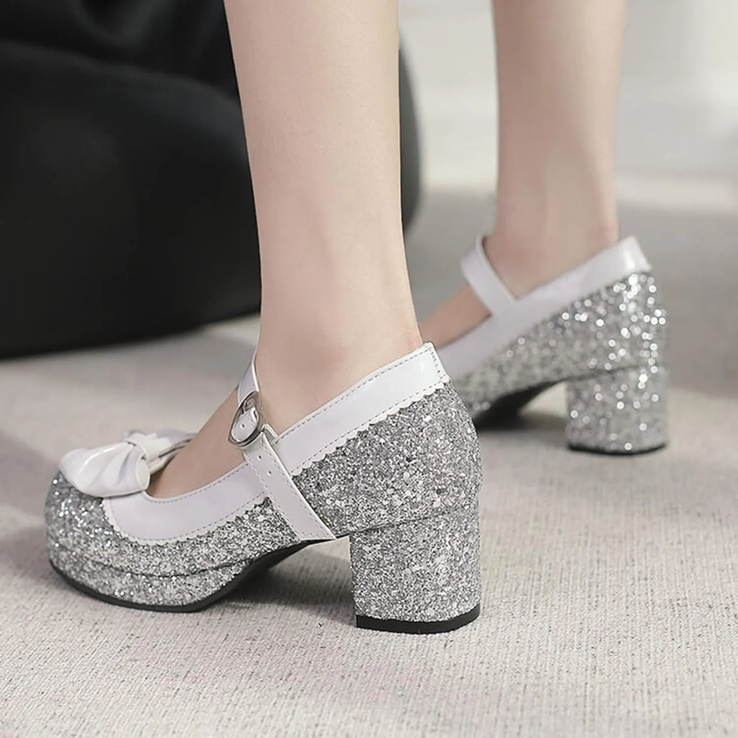 Women Glitter Sequin Mary Jane Platform Pumps Two Tone Bow Comfort Mid Block Heel Bridal Wedding Shoes