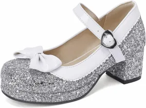 Women Glitter Sequin Mary Jane Platform Pumps Two Tone Bow Comfort Mid Block Heel Bridal Wedding Shoes