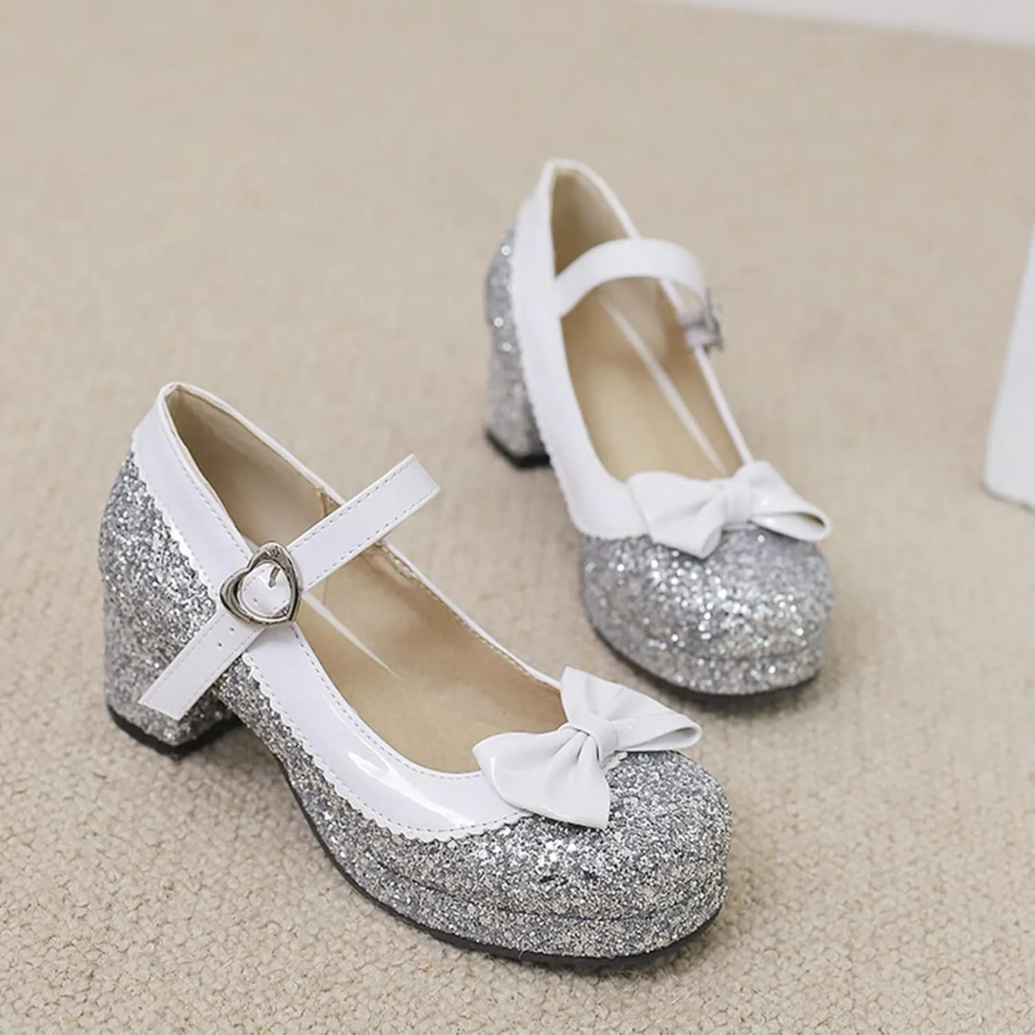 Women Glitter Sequin Mary Jane Platform Pumps Two Tone Bow Comfort Mid Block Heel Bridal Wedding Shoes