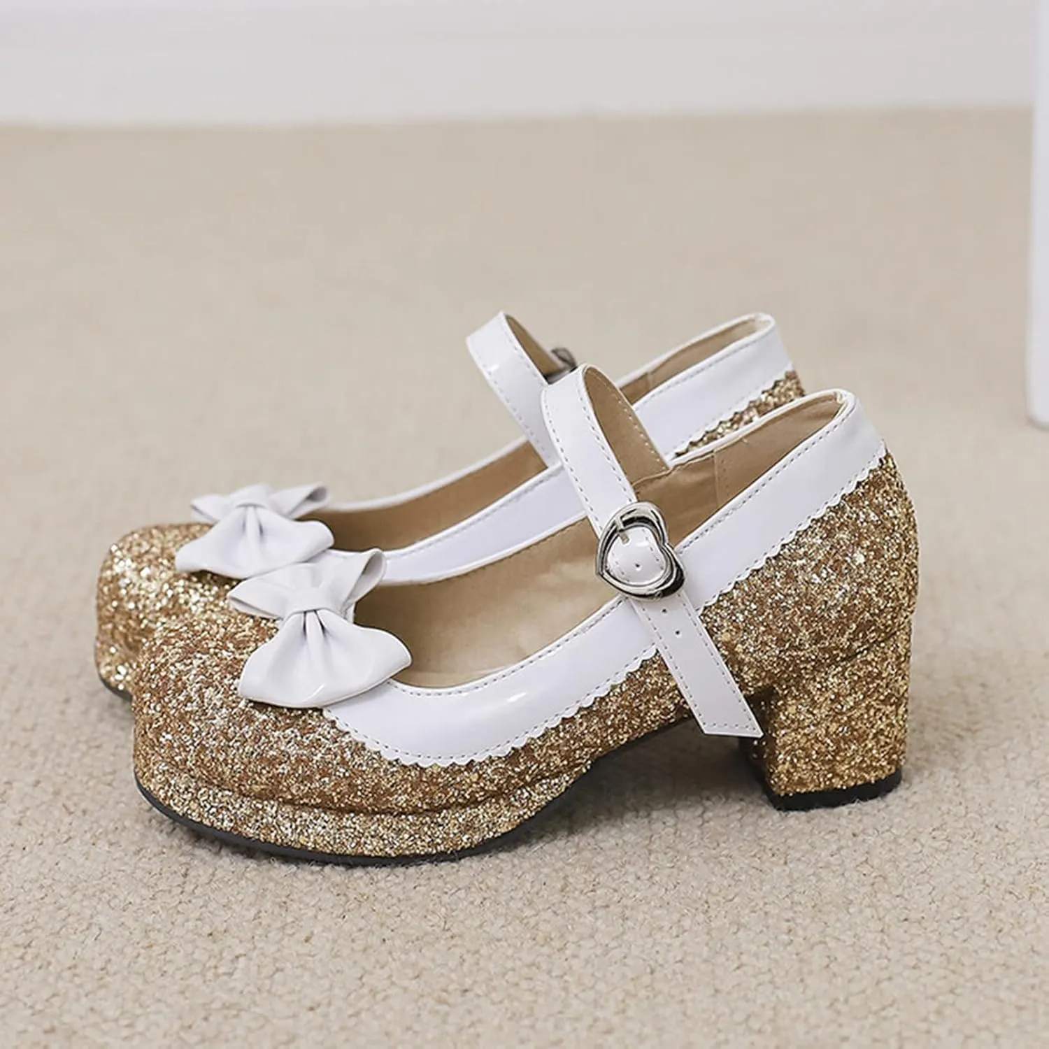 Women Glitter Sequin Mary Jane Platform Pumps Two Tone Bow Comfort Mid Block Heel Bridal Wedding Shoes