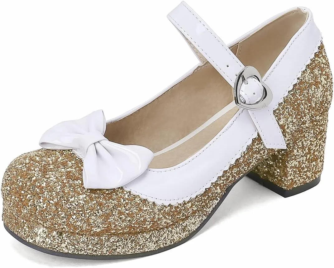 Women Glitter Sequin Mary Jane Platform Pumps Two Tone Bow Comfort Mid Block Heel Bridal Wedding Shoes