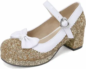Women Glitter Sequin Mary Jane Platform Pumps Two Tone Bow Comfort Mid Block Heel Bridal Wedding Shoes