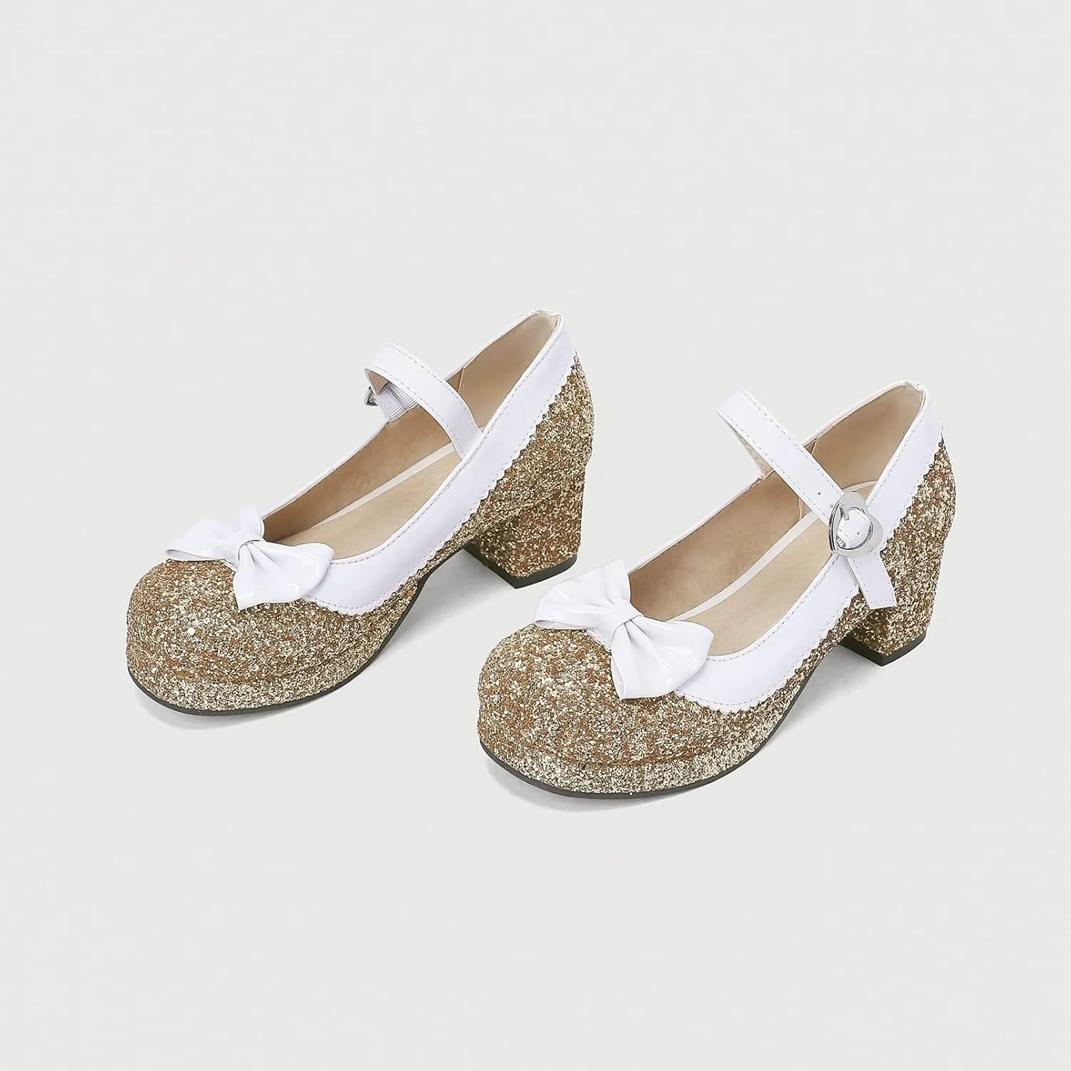 Women Glitter Sequin Mary Jane Platform Pumps Two Tone Bow Comfort Mid Block Heel Bridal Wedding Shoes
