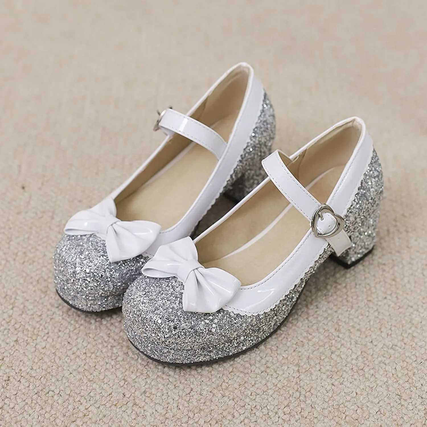 Women Glitter Sequin Mary Jane Platform Pumps Two Tone Bow Comfort Mid Block Heel Bridal Wedding Shoes