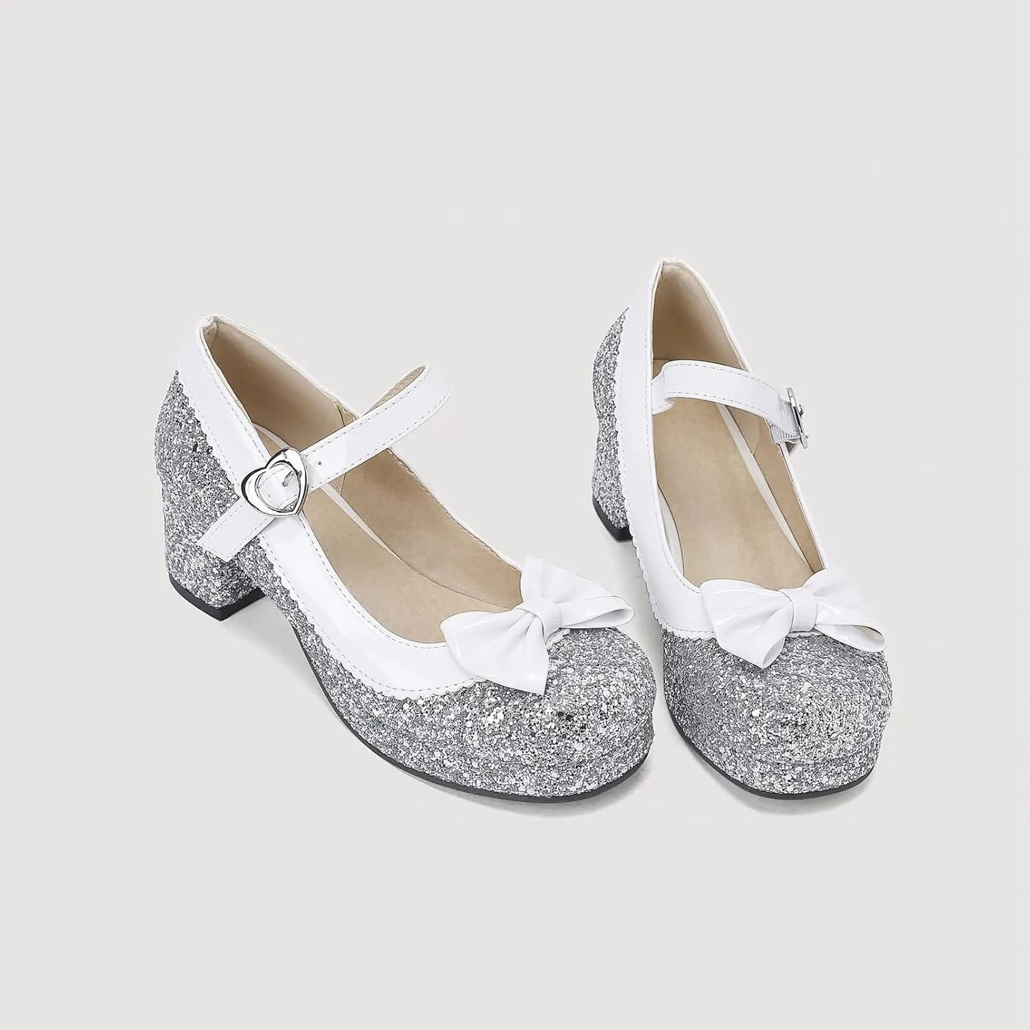 Women Glitter Sequin Mary Jane Platform Pumps Two Tone Bow Comfort Mid Block Heel Bridal Wedding Shoes