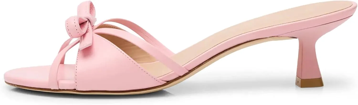 Women Heeled Sandals Mules Round Open Toe Bow Slides Low Kitten Heels Silp On Slippers Casual Stiletto Wedding Dress Slide Shoes