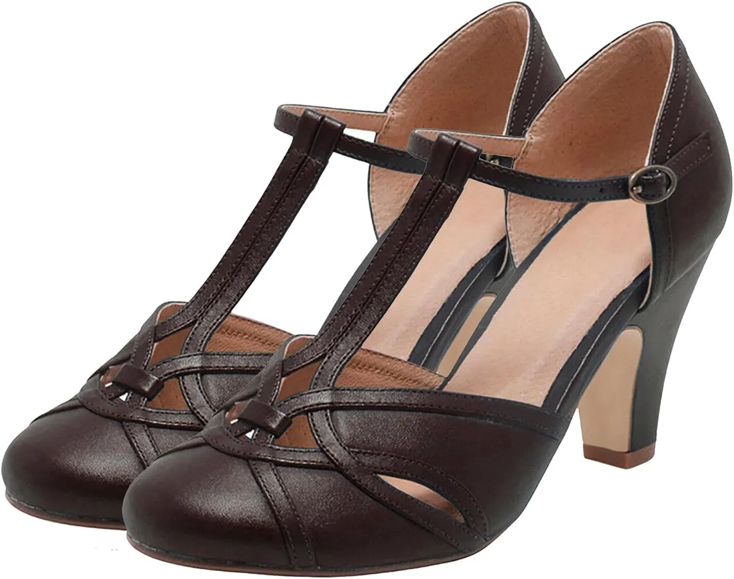 Women Kitten Heel Mary Janes Closed Round Toe Ankle T-Strap Mary Jane Pumps Cut Out 3 inch Kitten Heel Sandals Strappy Ankle Strap Buckle Mary Jane Heels Retro Vintage Wedding 4-11 M US