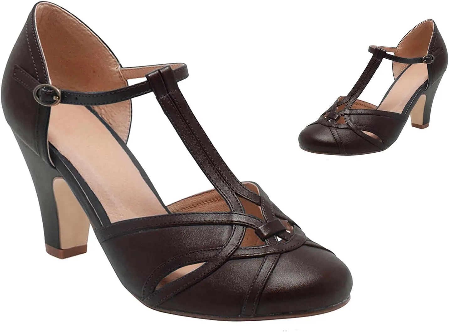 Women Kitten Heel Mary Janes Closed Round Toe Ankle T-Strap Mary Jane Pumps Cut Out 3 inch Kitten Heel Sandals Strappy Ankle Strap Buckle Mary Jane Heels Retro Vintage Wedding 4-11 M US