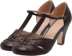 Women Kitten Heel Mary Janes Closed Round Toe Ankle T-Strap Mary Jane Pumps Cut Out 3 inch Kitten Heel Sandals Strappy Ankle Strap Buckle Mary Jane Heels Retro Vintage Wedding 4-11 M US