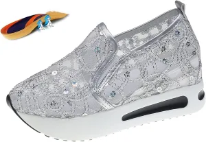 Women Lace Sequin Floral Embroidery Sheer Mesh Platform Wedge Sneakers Slip-On Breathable Non-Slip with Arch Support Low Top Loafers