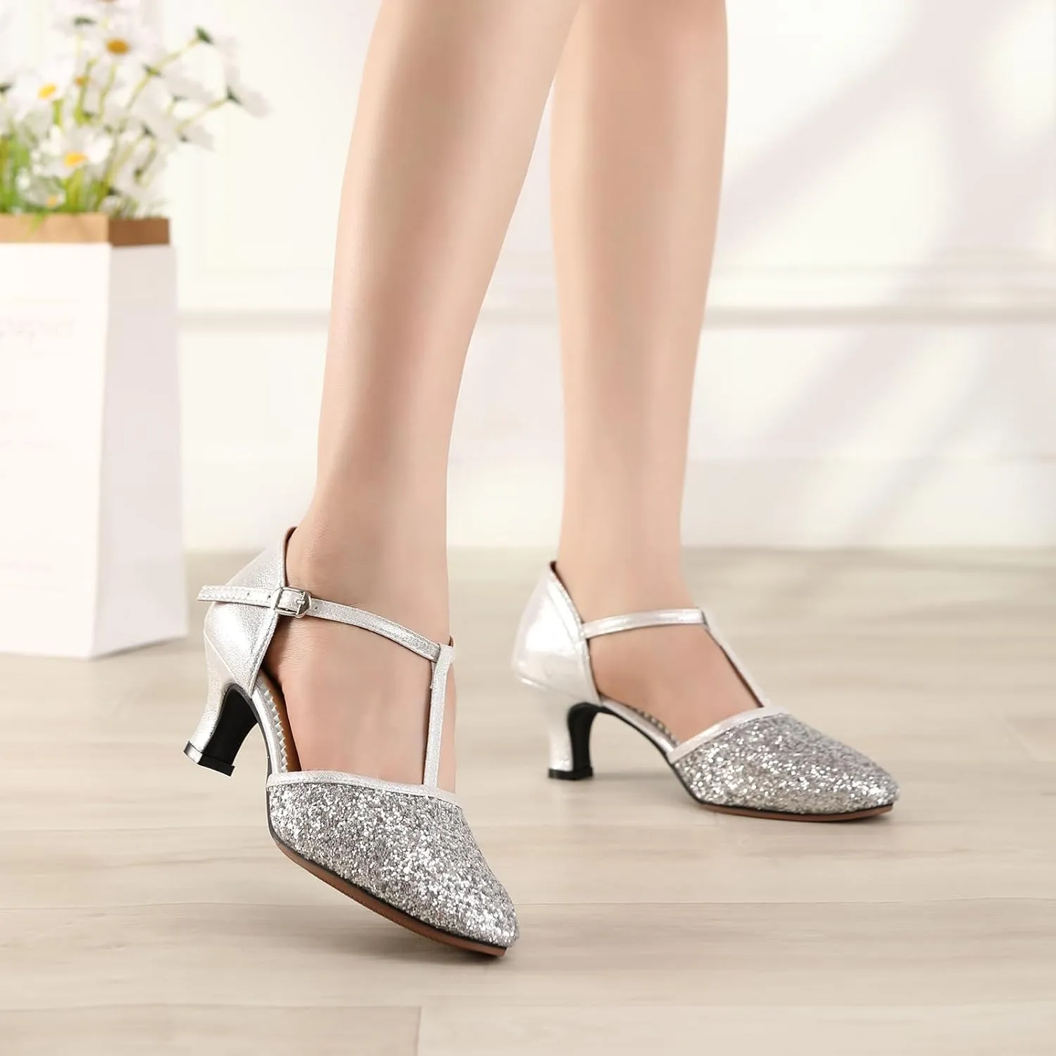 Women Latin Dance Shoes Sequin Closed Toe T-Strap Ballroom Salsa Tango Party Performance Dance Shoes,Model FT-135