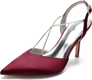 Women Pointed Toe High Heel Pumps with Rhinestone Cross Strap Satin Wedding Bridal Evening Party Dress Shoes