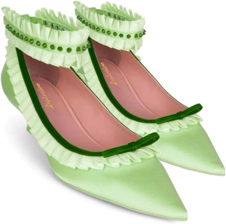 Women Pointed Toe Kitten Heel Bow Pumps Satin Ankle Strap Dress Shoes Lace Ruffles Cute 1 inch Low Kitten Heels Satin Wedding Bridal Dress Low Heels Two Tone Elegant Comfy 4-11 M US
