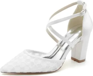 Women Pointed Toe Satin Mesh Bridal Shoes Block Chunky Heel Wedding Pumps Tie Evening Party Dress Shoes Ankle Buckle High Heels