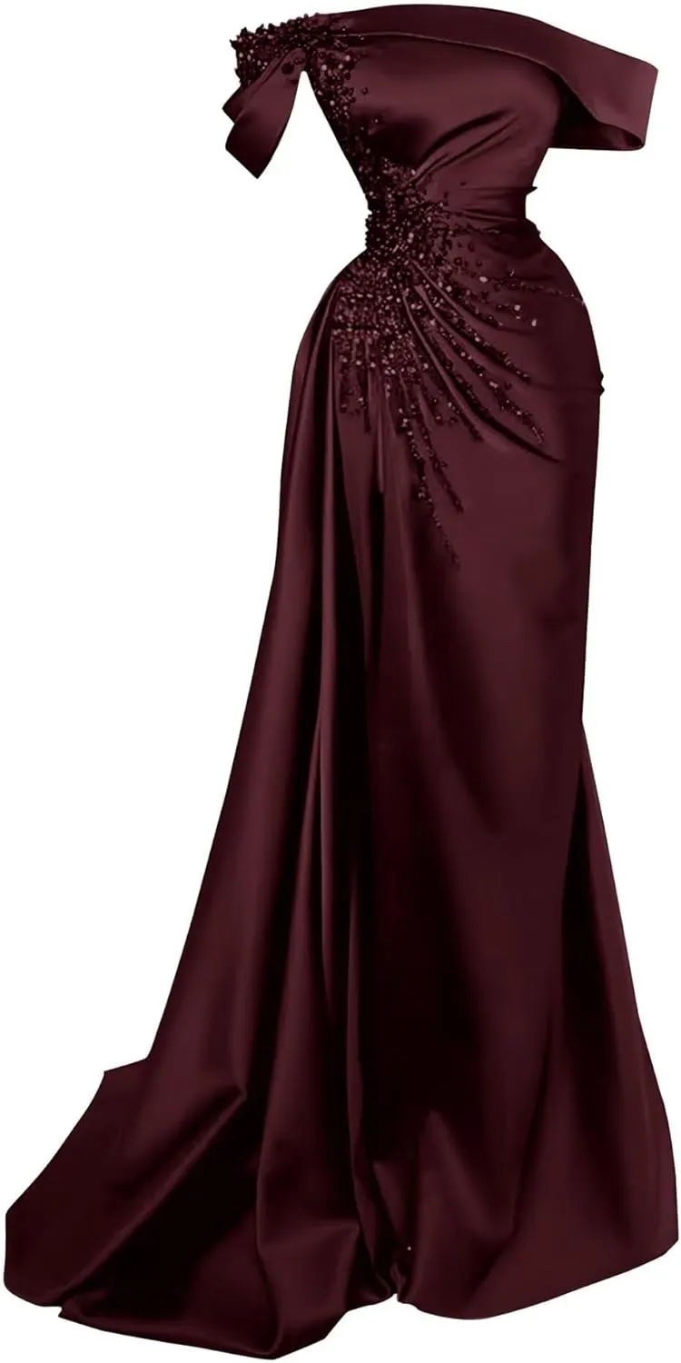 Women Prom Dress with Slit Satin Mermaid Beads Ball Gowns Long Off Shoulder Evening Formal Party