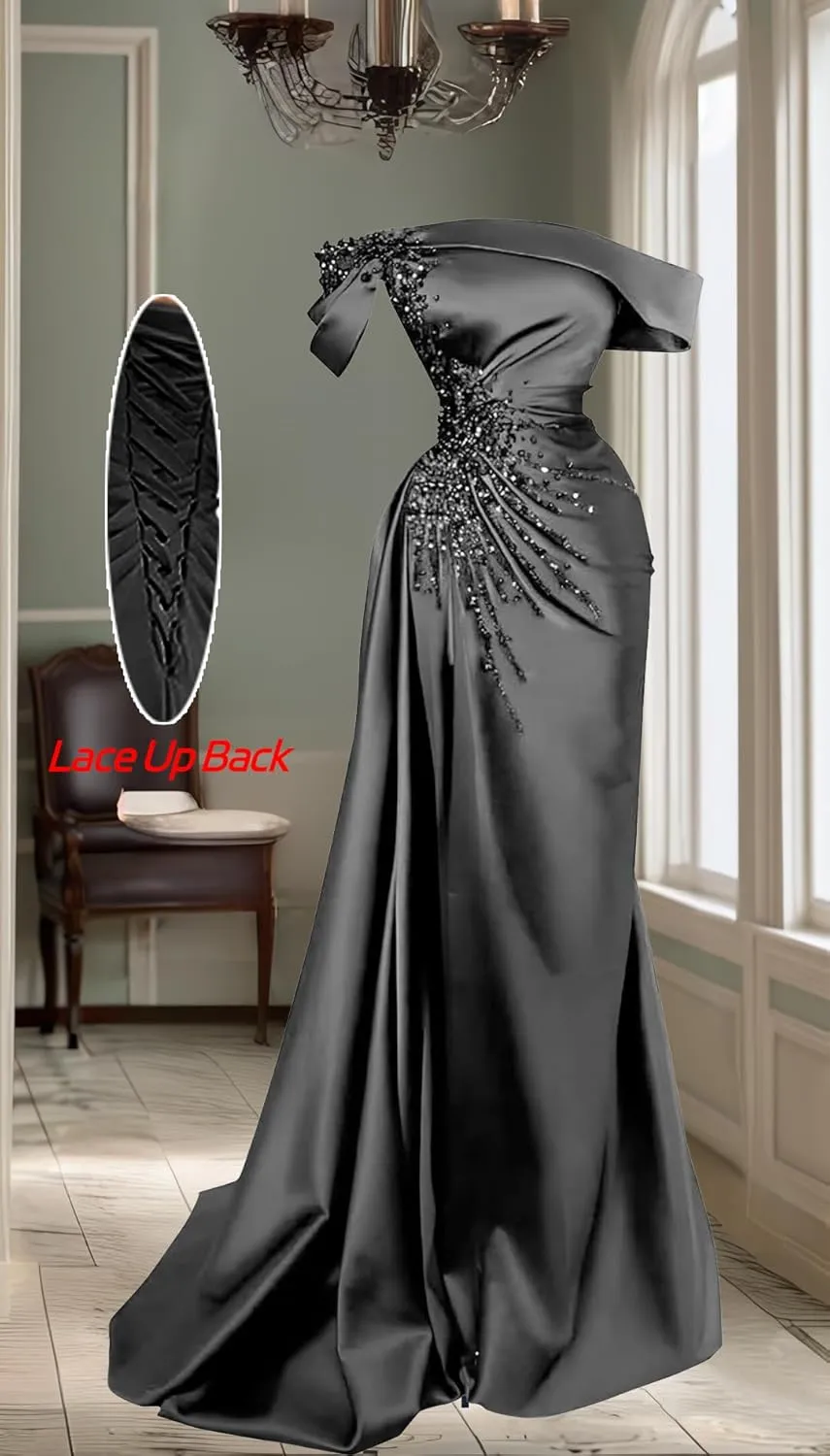 Women Prom Dress with Slit Satin Mermaid Beads Ball Gowns Long Off Shoulder Evening Formal Party