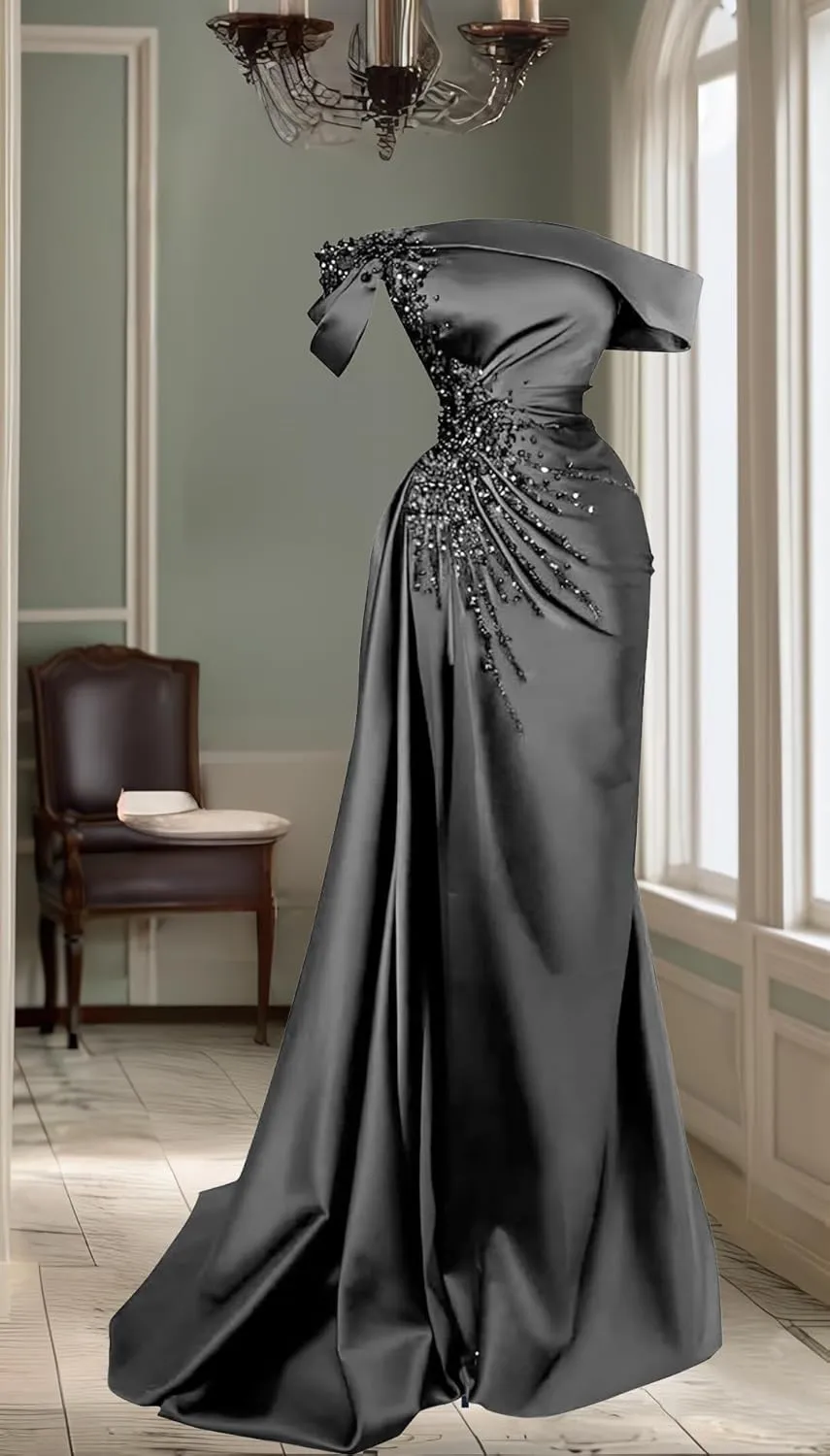Women Prom Dress with Slit Satin Mermaid Beads Ball Gowns Long Off Shoulder Evening Formal Party