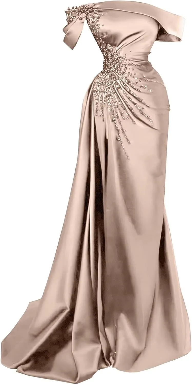 Women Prom Dress with Slit Satin Mermaid Beads Ball Gowns Long Off Shoulder Evening Formal Party