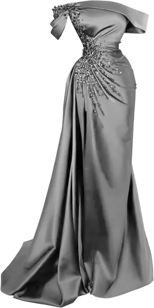 Women Prom Dress with Slit Satin Mermaid Beads Ball Gowns Long Off Shoulder Evening Formal Party