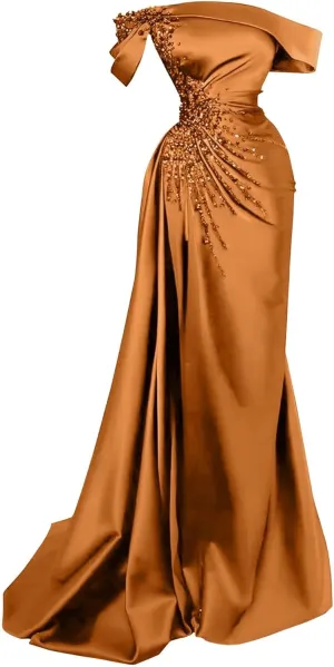 Women Prom Dress with Slit Satin Mermaid Beads Ball Gowns Long Off Shoulder Evening Formal Party