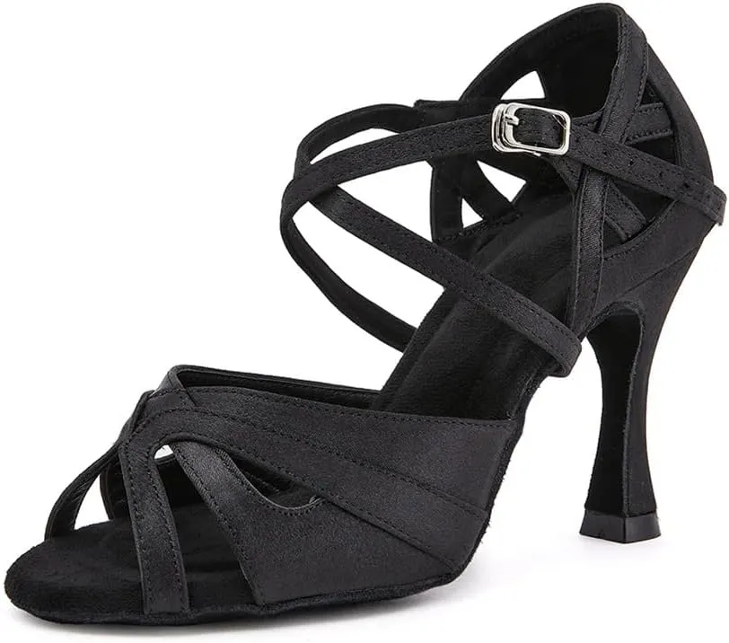 Women Silk Satin Latin Dance Shoes Tango Salsa Practice Sandals Party Performance High Heels