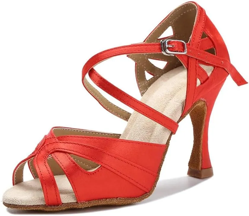 Women Silk Satin Latin Dance Shoes Tango Salsa Practice Sandals Party Performance High Heels