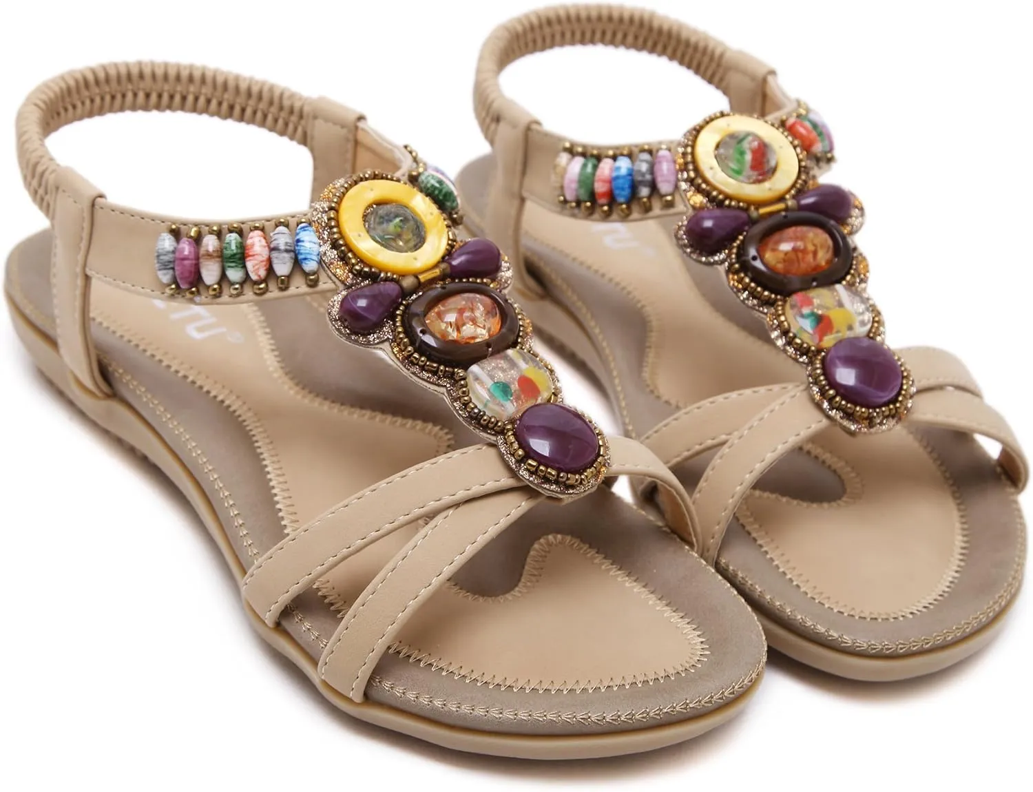 Women T-Strap Beaded Flower Gladiator Flat Dress Sandals Beach Shoes Bohemian Thong Sandal Elastic Back Strap Clip Toe Flats Sandals Summer Bohemian Rhinestone Slingback Beach Flip Flops Shoes