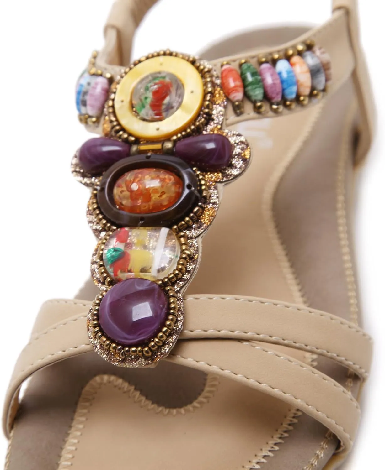Women T-Strap Beaded Flower Gladiator Flat Dress Sandals Beach Shoes Bohemian Thong Sandal Elastic Back Strap Clip Toe Flats Sandals Summer Bohemian Rhinestone Slingback Beach Flip Flops Shoes