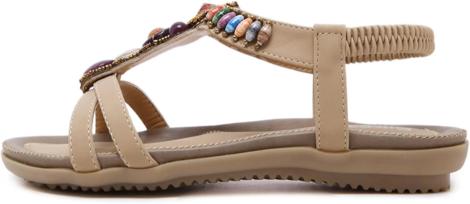 Women T-Strap Beaded Flower Gladiator Flat Dress Sandals Beach Shoes Bohemian Thong Sandal Elastic Back Strap Clip Toe Flats Sandals Summer Bohemian Rhinestone Slingback Beach Flip Flops Shoes