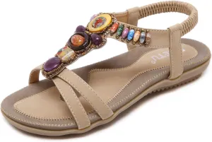 Women T-Strap Beaded Flower Gladiator Flat Dress Sandals Beach Shoes Bohemian Thong Sandal Elastic Back Strap Clip Toe Flats Sandals Summer Bohemian Rhinestone Slingback Beach Flip Flops Shoes